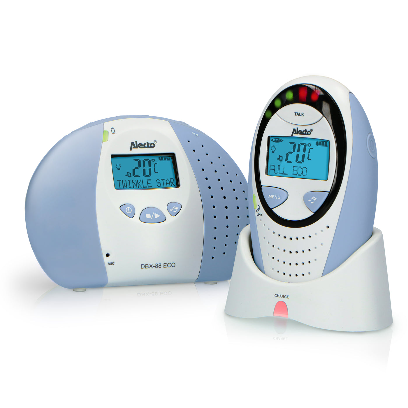 Alecto DBX-88 ECO - Full Eco DECT babyfoon met display, wit/blauw