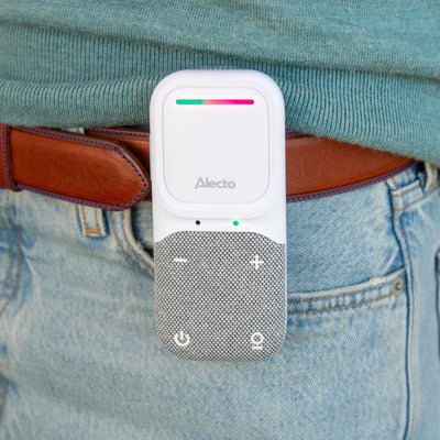 Alecto DBX135 - Babyphone audio Full Eco moderne avec qualité sonore DECT cristalline, longue autonomie en veille et veilleuse - Blanc/Gris
