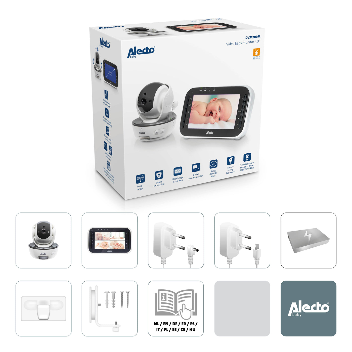 Alecto DVM200M - Babyfoon met camera en 4.3" kleurenscherm, wit/antraciet