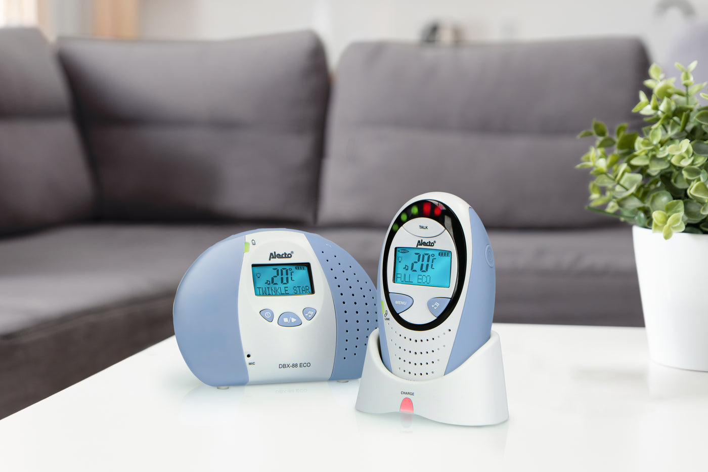 Alecto DBX-88 ECO - Full Eco DECT babyfoon met display, wit/blauw