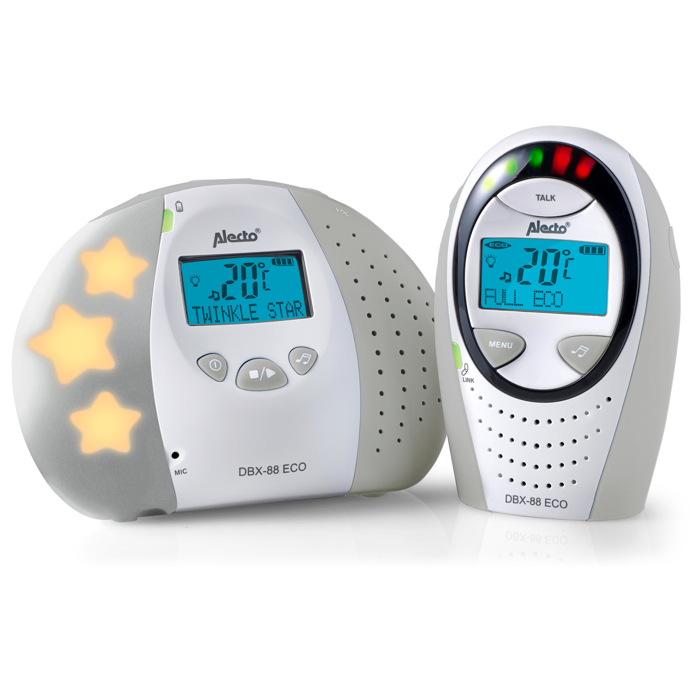 Alecto DBX-88GS - Full Eco DECT babyfoon met display, wit/grijs